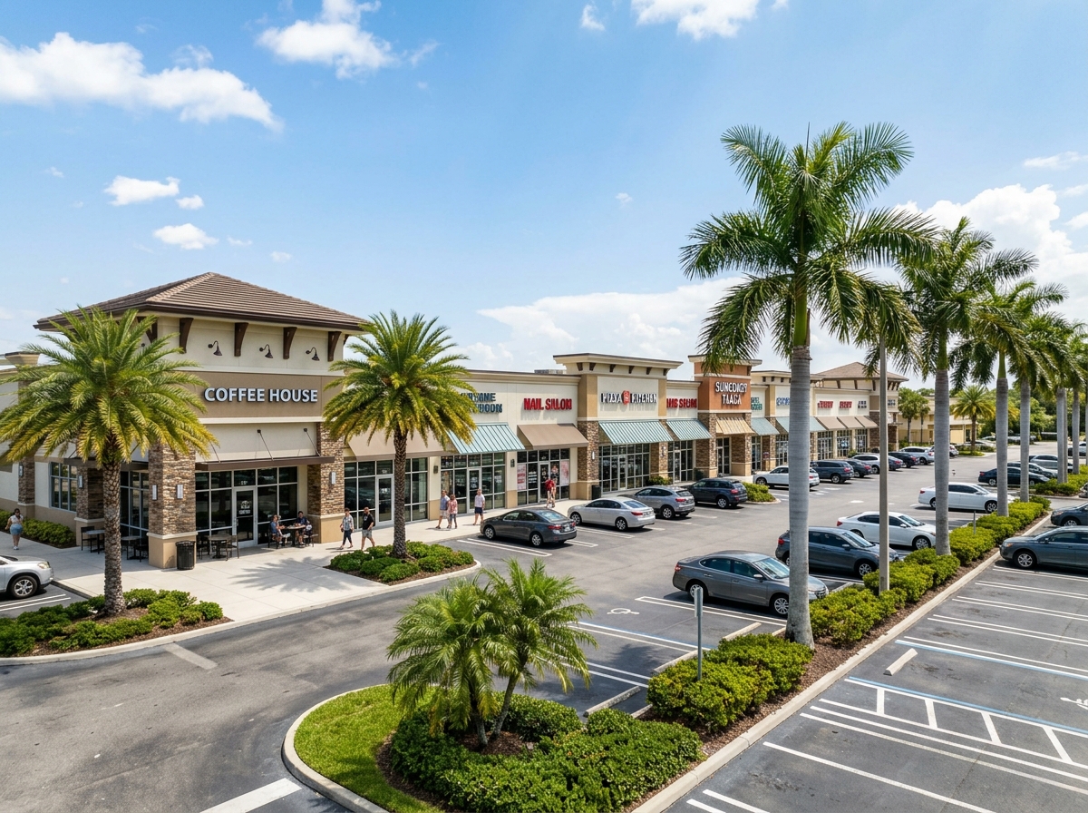 Florida strip mall with palm trees and parking lot